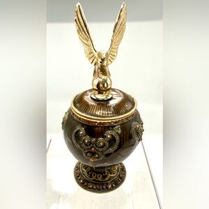 RARE VTG Brown Enamel & Brass Chalice Shaped Trinket Box w’Eagle Lid Rhinestones